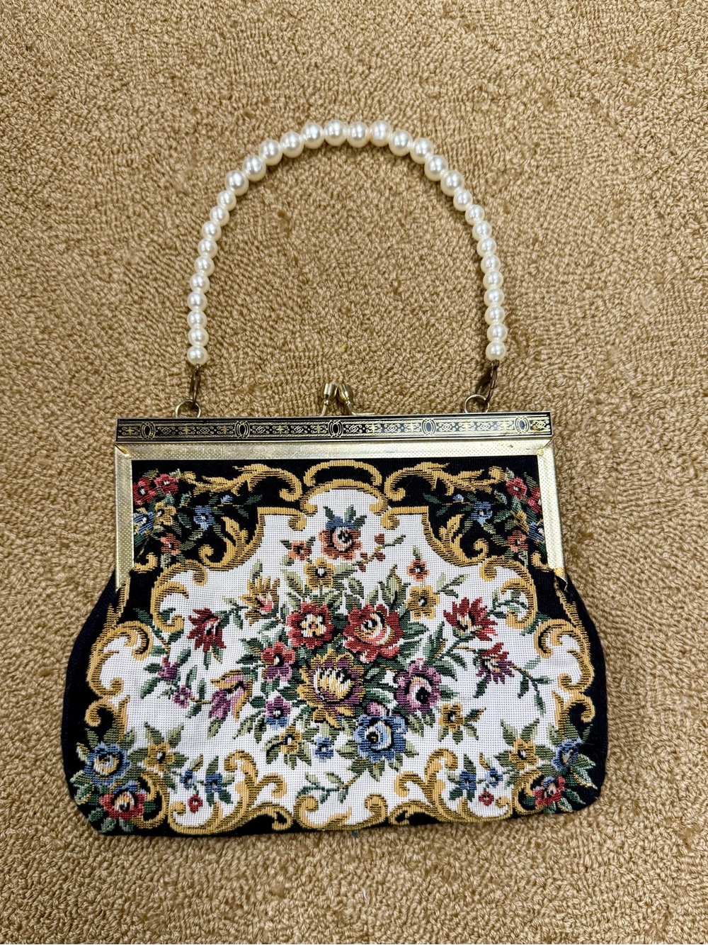 Vintage Floral Tapestry Handbag with Pearl Handle